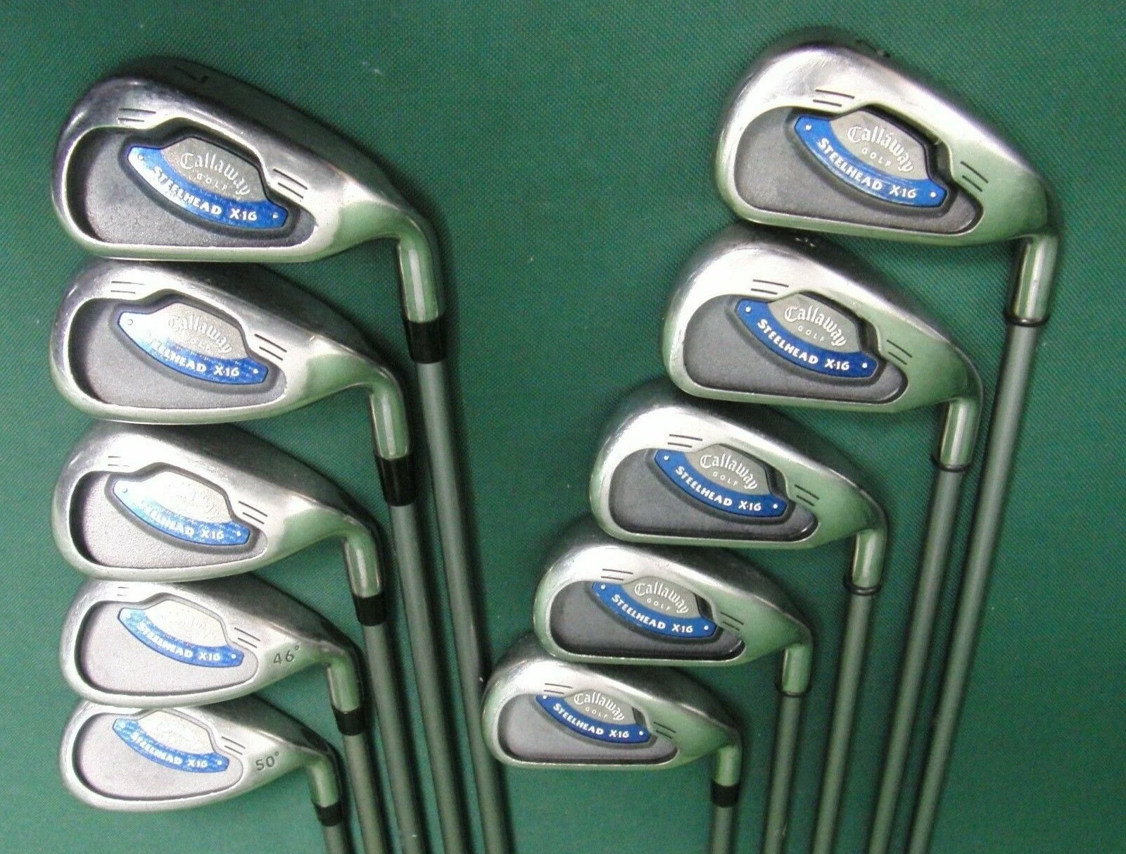 Set 10 X Callaway Steelhead X16 Irons 2-PW + AW Stiff Graphite Shafts 3 Set 10 X Callaway Steelhead X16 Irons 2-PW + AW Stiff Graphite Shafts